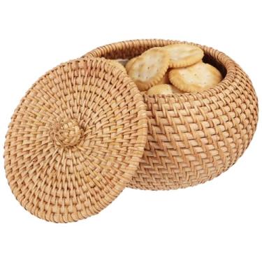 Imagem de Cesta decorativa redonda de vime com tampa, caixa de vime tecida à mão de 15 cm, cesta de armazenamento rústica para organização doméstica