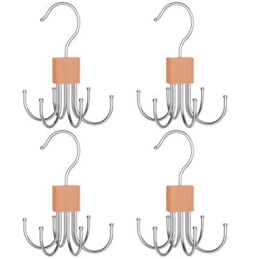Imagem de Cabide giratório de 4 peças com 6 ganchos, design de madeira e aço inoxidável, ideal para chapéus, bolsas, lenços e gravatas, dobrável