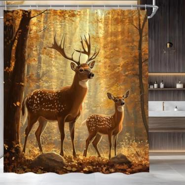 Imagem de Cortina de chuveiro de veado floresta outono alce alce rústico cabana caça outono natureza paisagem vida selvagem acampamento campo fazenda conjunto de decoração de banheiro tecido, 178 x 177 cm