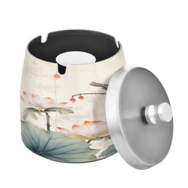 Imagem de Blueangle Cinzeiro floral de beija-flores chineses com tampa para cigarros, à prova de vento/chuva, aço inoxidável, sem fumaça, inodoro, cinzeiro para uso interno ou externo (470)
