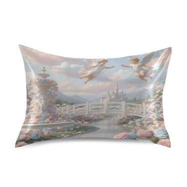 Imagem de SEHANY Lindas capas de almofada de seda Angel Cupid para cabelo e pele, capas de almofada de cetim respiráveis macias e refrescantes com fecho de envelope, tamanho king (50,8 x 101,6 cm)
