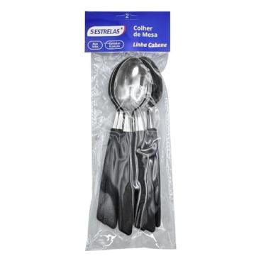 Imagem de Kit 6 Colheres de Mesa Refeição Cabene - Aço Inox Premium, Cabo Plástico Preto Ergonômico - Utensílio Essencial para o Dia a Dia e Alta Durabilidade