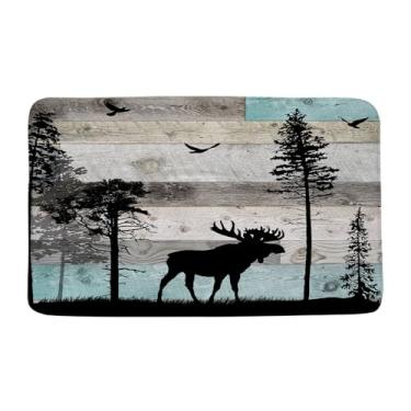 Imagem de PZMPZM Tapete de banho rústico para cabana de cervo floresta alce casa de fazenda de madeira campo caça animal selvagem acampamento ao ar livre microfibra espuma de memória tapete de banheiro capacho