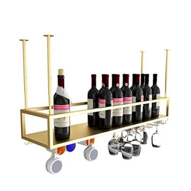 Imagem de APUM Unidade de bar prateleiras flutuantes rack de vinho pendurado no teto garrafa de vidro cálice prateleira de armazenamento de parede suporte de vinho rack de metal para copos de ferro