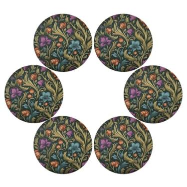 Imagem de Wassud Jogo americano conjunto de 6 tapetes redondos florais verdes escuros para cozinha e jantar tapetes laváveis resistentes ao calor decoração de mesa 39 cm