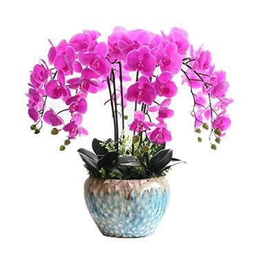 Imagem de LMJYU Flores artificiais orquídeas artificiais de seda vermelha planta Phalaenopsis flores falsas flores com vaso mesa centros de mesa para decoração de casa flores falsas interiores