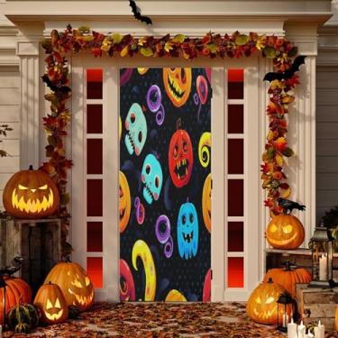 Imagem de Wassud Decoração de capa de porta assustadora abóboras externas faixa interna decoração de varanda casa grande decoração de porta da frente 96 x 98 polegadas