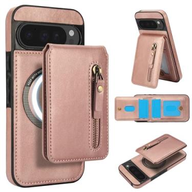 Imagem de Carteira destacável compatível com carregamento sem fio Magsafe para Google Pixel 9 Pro XL, capa com suporte para cartão, bolso com zíper, suporte 2 em 1 à prova de choque (ouro rosa)