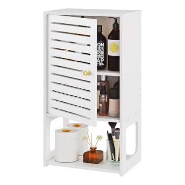 Imagem de POBOMULI Armazenamento de parede de banheiro de 4 camadas, armário branco com porta e prateleira aberta, organizador que economiza espaço para banheiro, cozinha, entrada (20 cm P x 30 cm L x 57 cm A)