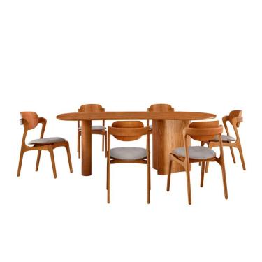 Imagem de Mesa de Jantar Orgânica Savana com Tampo Laminado e 6 Cadeiras Savana Gold Linho Cinza Claro e Imbuia Natural