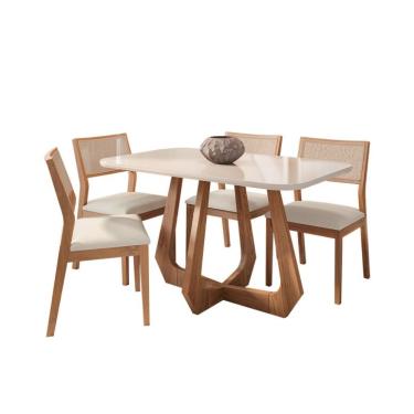 Imagem de Conjunto de Mesa Retangular com Tampo de Vidro Off White Bromélia e 4 Cadeiras Oiti Linho Cru e Madeira 130 cm
