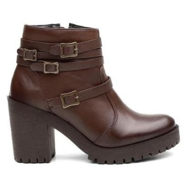 Imagem de Bota Coturno Couro Feminino Zíper Tiras com Fivela Estilo Fashion Robusto Salto Tratorado-Feminino