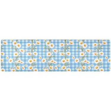 Imagem de Margaridas em tripé longo xadrez azul e branco, corredor de mesa ao ar livre à prova d'água, decoração de mesa de cozinha