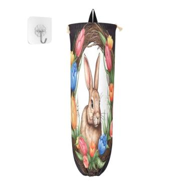 Imagem de Coelhinho da Páscoa em guirlanda de tulipas coloridas suporte de saco plástico suporte de parede, suportes de saco de plástico, organizador de sacos para armazenamento de sacos de plástico de cozinha