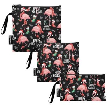 Imagem de TSENQUE Sacos de lanche reutilizáveis pretos flamingos rosa de Natal sacos de comida laváveis com zíper para viagem, trabalho, escritório, escola (pacote com 3: P/M/G)