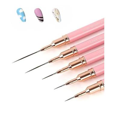 Imagem de Pincéis metálicos para unhas, conjunto de 5 pincéis de delineador, pintura de gel UV para linhas longas, detalhes finos, tamanhos 4/8/12/20/25 mm (rosa)
