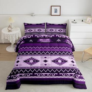 Imagem de jejeloiu Jogo de cama boho, tamanho king, sudoeste, nativo asteca, para meninos, meninas, adolescentes, sudoeste, nativo americano, capa de edredom roxo, respirável, macio e leve de microfibra