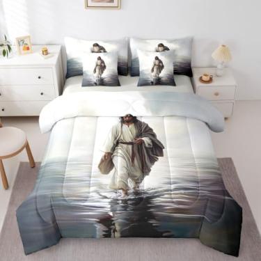 Imagem de Manfei Conjunto de edredom infantil God Walking on Water, solteiro, versículo bíblico da fé ocidental, decoração espiritual moderna para meninas e meninos, cinza escuro (2 fronhas + 2 fronhas + 2