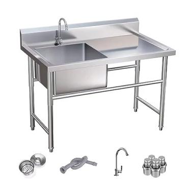Imagem de Pia externa de tigela única grande independente de aço inoxidável, pias utilitárias de aço inoxidável, 1 compartimento para pia de cozinha comercial, com bancada de trabalho (120 x 60 x 80 cm