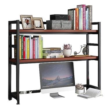 Imagem de Estante de mesa para mesa de computador – 2 camadas de madeira e metal estante de mesa de computador multiuso, suporte organizador de mesa ajustável, para prateleira de exibição de escritório