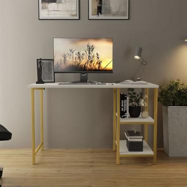Imagem de Escrivaninha Mesa Office Industrial 110cm para Notebook, Mesa de Estudo Home Office com Prateleiras(Dourado/Off White)