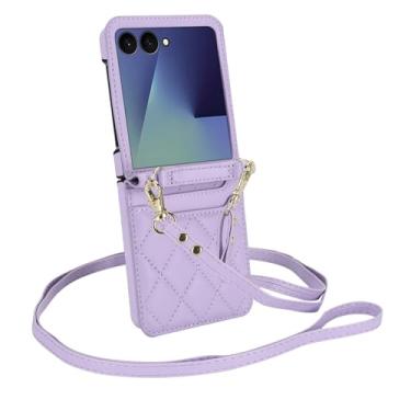 Imagem de Capa carteira para Motorola Razr 50 Ultra, capa de couro flip transversal com 2 cartões de cordão ajustável alça de pulso capa de telefone para mulheres (roxa)