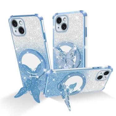 Imagem de Easyscen Capa de celular para iPhone 15 (6,1 polegadas), com suporte de borboleta e 4 cantos de airbag, capa protetora de luxo à prova de choque com glitter para mulheres - azul