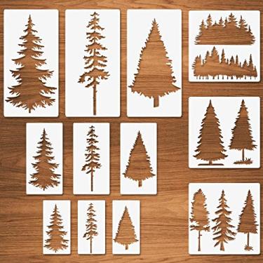 Imagem de 12 peças de estênceis de árvores, pinheiro, cipreste, cedro, árvores de Natal, estênceis para pintura, tamanhos variados, modelos de árvore reutilizáveis para janela, madeira, parede, lona, decoração