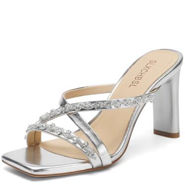Imagem de SLXCHBSL Sandálias femininas de salto alto com tiras abertas quadradas com strass de 8,2 cm de salto alto grosso para festas, casamentos, uso casual ou diário, Prata., 35