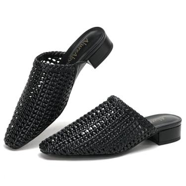 Imagem de AlureAbys Mules Sapatos femininos sem cadarço salto baixo tecido mules elegantes bico quadrado casual preto mule, Preto, 40
