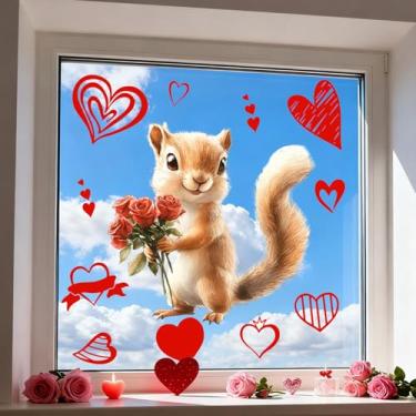 Imagem de Adesivos de janela de dia dos namorados fofo esquilo com design de rosa de coração diferente adesivos de janela dupla face férias de inverno reutilizáveis para decoração de porta de vidro de festa de