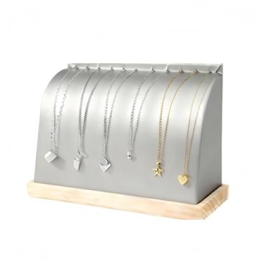 Imagem de SWTOOL Suporte de exibição de colar curvado com tapete macio de couro organizador de joias de madeira suporte de exibição de mesa para colares, pingente de gargantilha (prata)