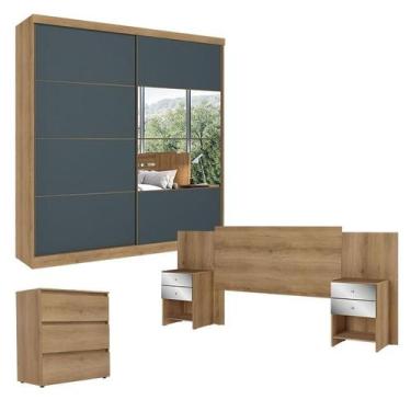 Imagem de Guarda Roupa Casal Malaga Glass 2 Portas Capuccino Azul com Cômoda Gav