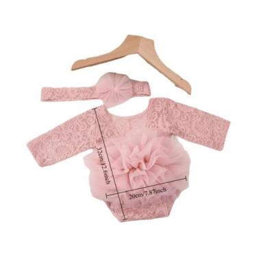 Imagem de Conjunto De Body E Faixa De Cabelo Com Renda E Flores Para Bebê Recém-