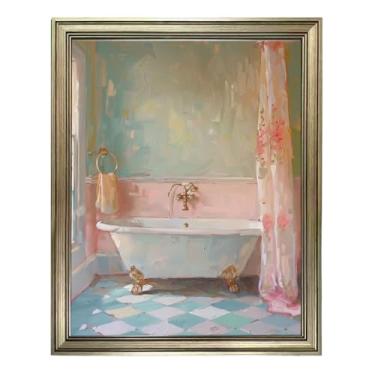 Imagem de Arte de parede de banheiro emoldurada vintage Moody decoração de banheiro grande pintura em tela rosa e azul imagem impressa