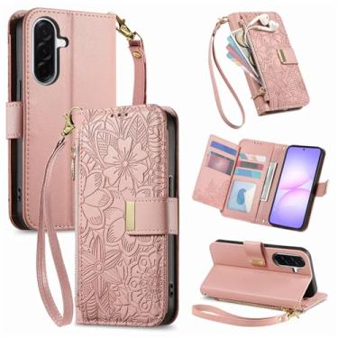 Imagem de Niuuro Capa carteira para Samsung Galaxy A57 5G, suporte de cartão embutido (8 a 10 cartões), bolso com zíper, alça de pulso, suporte de suporte, capa protetora de couro PU floral feminina, rosa
