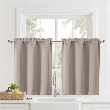 Imagem de OVZME Cortinas curtas de 91 cm de comprimento - Cortinas de cozinha com filtro de luz de tecido sólido, bolso para varão para trailer de armário, cor de pedra, 2 painéis, 76 cm L x 91 cm C