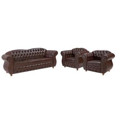 Imagem de Conjunto 03 Peças Sofá E Poltronas Chesterfield Merlô Via Encanto Courano Marrom Pinhão