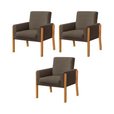 Imagem de Kit 3 Poltronas Sala De Espera Pés Em Madeira Santorini Veludo Marrom - Marrom