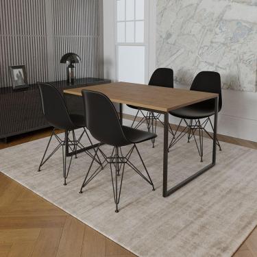Imagem de Mesa Industrial Base Ferro Preto Tampo 137X90 Amêndoa 4 Cadeiras Ferro Preto Assento Preto Marrom