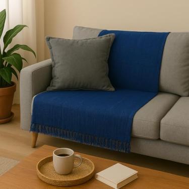 Imagem de Manta de Sofá Minimalista, 210 x 150 cm, 100% Algodão, Acabamento Artesanal com Franjas (Azul)