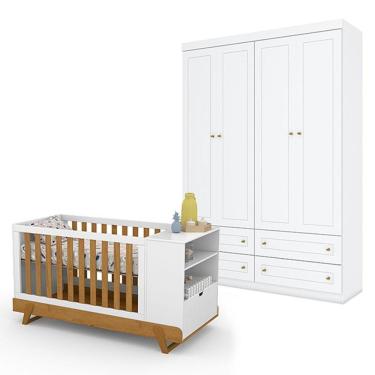 Imagem de Berço Multifuncional Bkids Branco Freijó Eco Wood - Matic E Guarda Roupa Infantil Americano 4 Porta Branco Hp - Henn