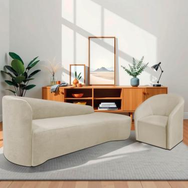 Imagem de Kit Sofá Curvo França 200cm Ld. E Poltrona Luiza Max Conforto, Elegância E Design Moderno Linho Bege