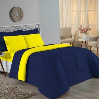Imagem de Kit Edredom Dupla Face + Jogo De Lençol Casal Viúva Nobre 6 Peças Malha 100% Algodão - Azul-marinho / Amarelo