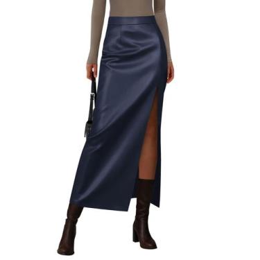 Imagem de Saia PRETTYGARDEN 2025 Maxi de material sintético com Fenda Azul Marin