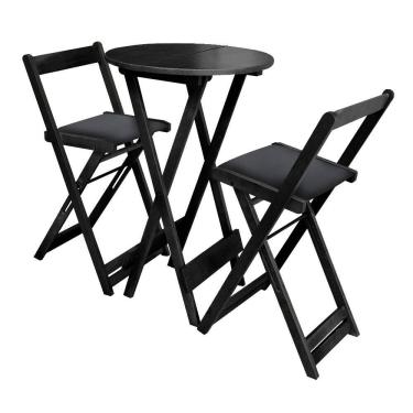 Imagem de Kit Mesa Bistrô de Madeira 55cm Redonda Dobrável com 2 Cadeiras Estofadas Design Compacto - Preto