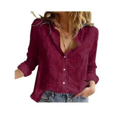 Imagem de Blusa Casual Elegante De Algodão E Linho Para Mulheres, Manga Longa, C