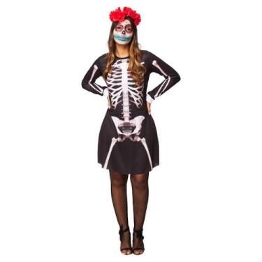 Imagem de Fantasia Esqueleto Feminina Adulto Halloween Caveira Mexicana Cosplay 