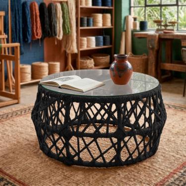 Imagem de Mesa de Centro com Tampo de Vidro em Aço e Corda Náutica Preto Aruá