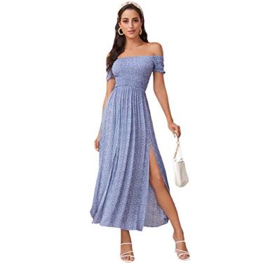 Imagem de Floerns Vestido feminino com estampa floral Boho ombro de fora dividido longo evasê, Flor azul, PP